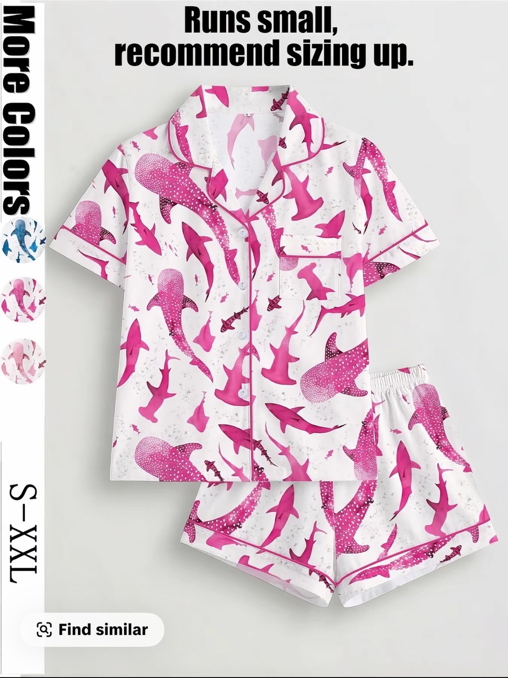 White and Pink Shark Print Short Pajama Set